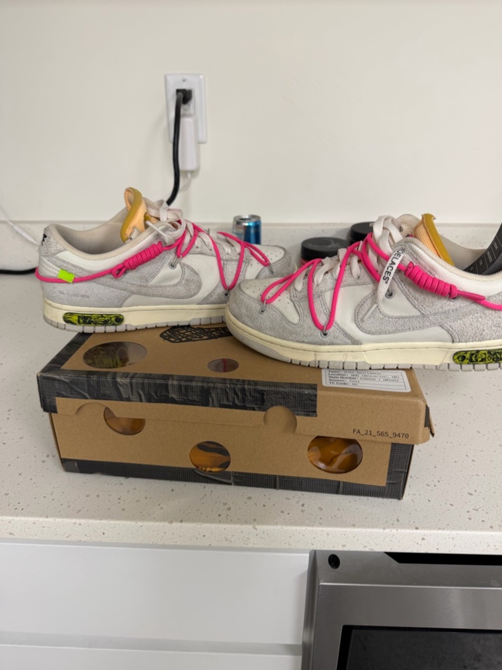 Nike Dunk Low Off-White Style Sneakers in Light Gray, Pink, Yellow Accents